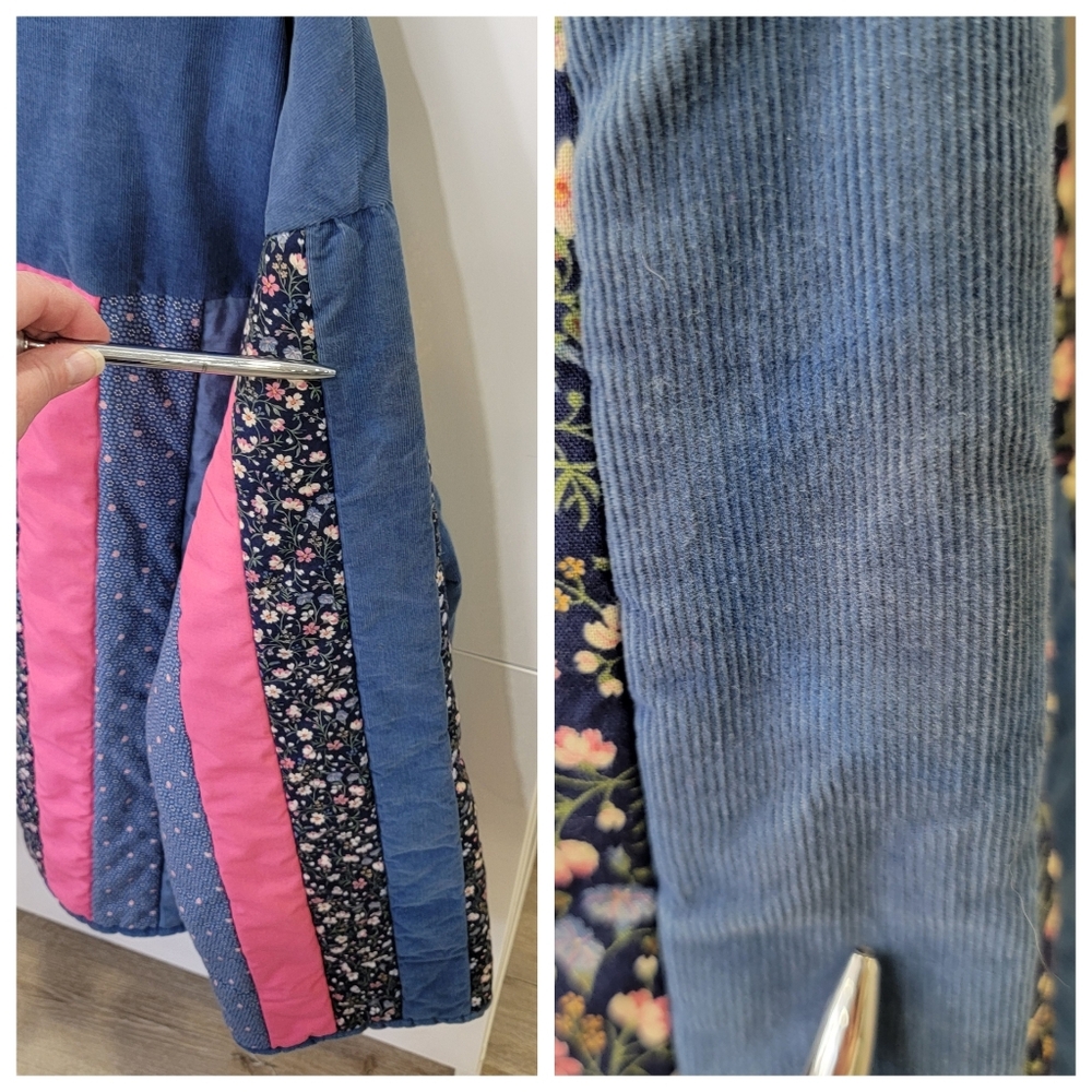 VTG Handmade Reversible Quilted Jacket Patchwork Corduroy Floral Blue Pink XXL - Picture 12 of 17